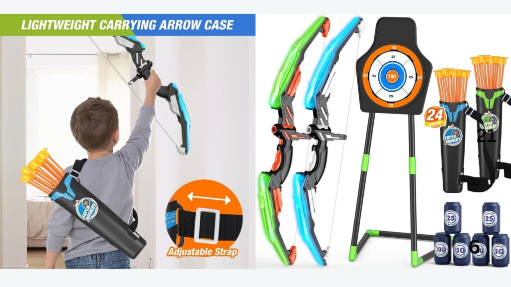 "Light up the fun with this 2-pack bow and arrow set for kids! Perfect for outdoor adventures and developing archery skills."